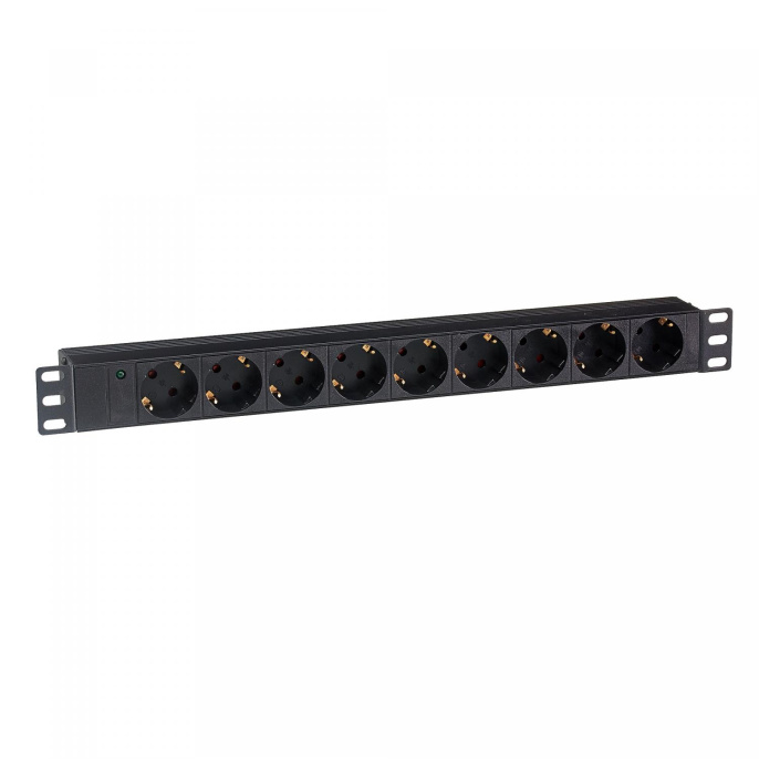 Блок розеток с разъемом подключения C14 ExeGate ServerPro PDU-19H901 Al-9S-C14 (19", 1U, Алюминий, 9*EU/Тип F(Schuko), IEC 320 C14, индикатор питания, черный, RTL) EX280847RUS