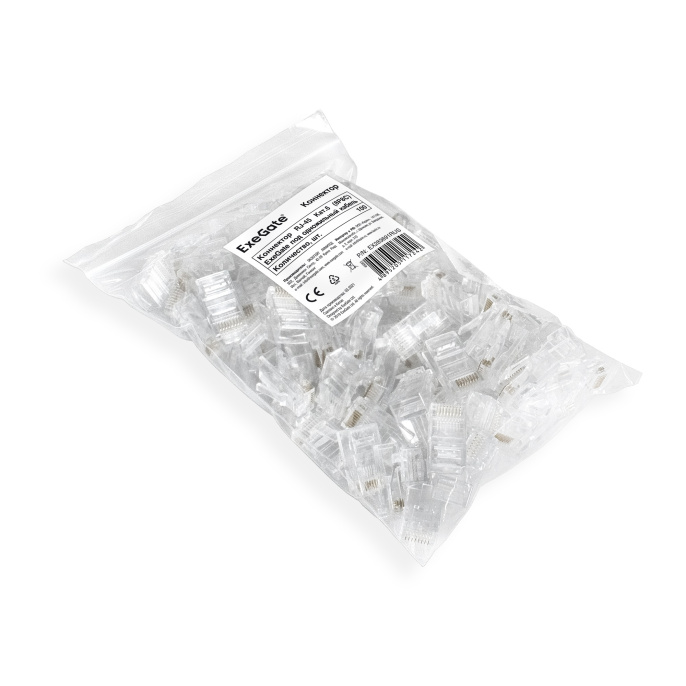 Коннектор ExeGate PL45-C6-8P8C-100 RJ-45 Кат.6 8P8C под одножильный кабель UTP, золотое напыление 100шт EX283691RUS