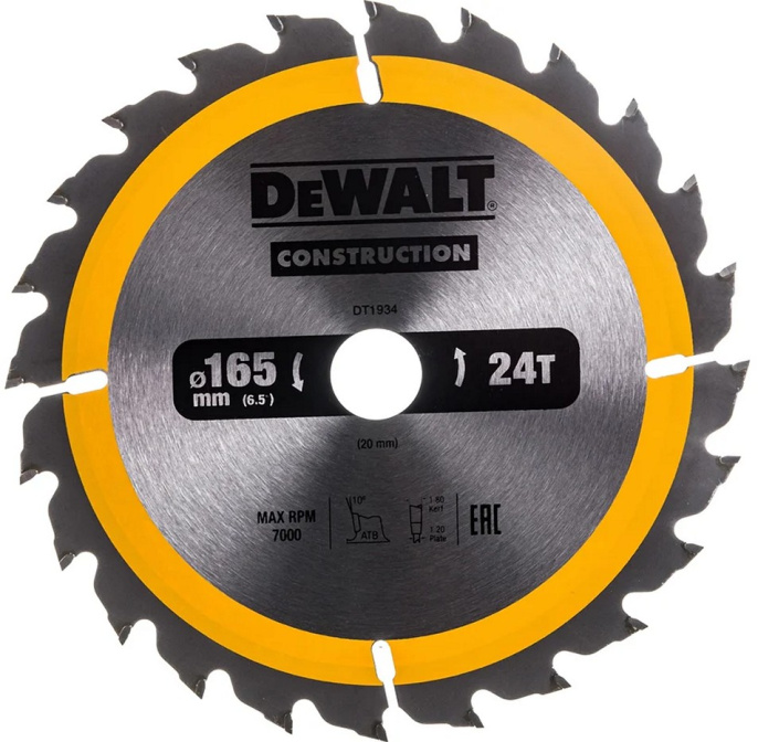 Диск пильный DeWalt DT1934-QZ диаметр диска: 165мм, диаметр посадочного отверстия: 20мм, число оборотов: 7000об/мин, толщина диска: 1.2мм, ширина пропила под углом 90°: 1.8мм, материал обработки: дерево, композитный материал, пластик, материал изготовлен