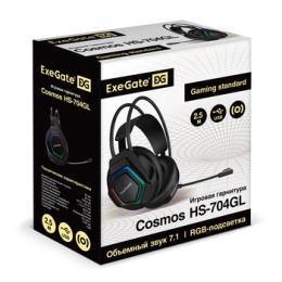 Полноразмерные игровые наушники с микрофоном (гарнитура) ExeGate Cosmos HS-704GL (регулировка оголовья, гибкий дежатель микрофона, объемный звук 7.1, длина кабеля 2.5м, динамик 50мм, 20-20000Гц, RGB подсветка, USB интерфейс, регулировка громкости, Color B