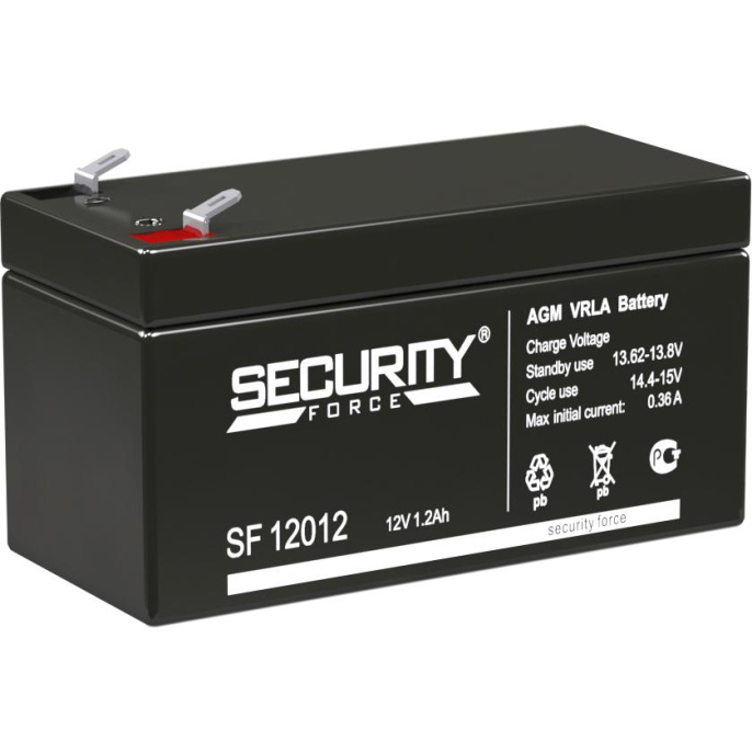 Батарея SECURITY FORCE серия SF, SF 12012, напряжение 12В, емкость 1.2Ач разряд 20 часов , макс. ток заряда 0.36А, свинцово-кислотная типа AGM, клеммы F1, ДxШxВ 97х44х52мм., кг., срок службы 3-5 лет./ Battery SECURITY FORCE series SF, SF 12012, voltage 1