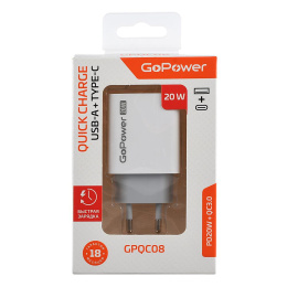 Сетевое З/У/ Сетевое З/У GoPower GPQC08 1USB+1Type-C 20W QC3.0 белый (00-00028401)