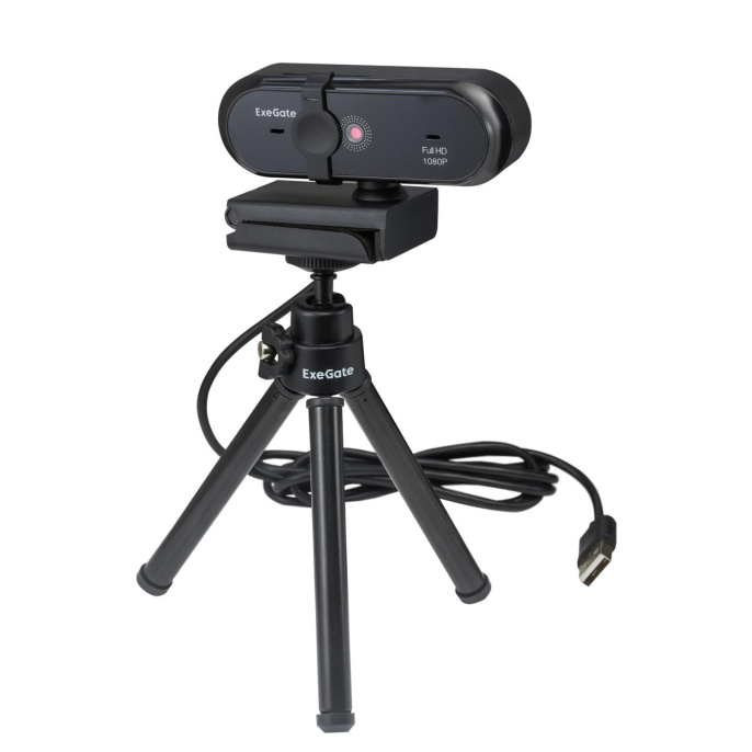 Веб-камера широкоугольная ExeGate Stream C925 Wide Full HD T-Tripod 2Мп, 1920х1080, 1080P,30fps, защитная шторка, телескопический штатив Tripod Tele Ball, фиксированный фокус, широкоугольный 4-линзовый объектив 79°, микрофон с шумоподавлением, универсаль