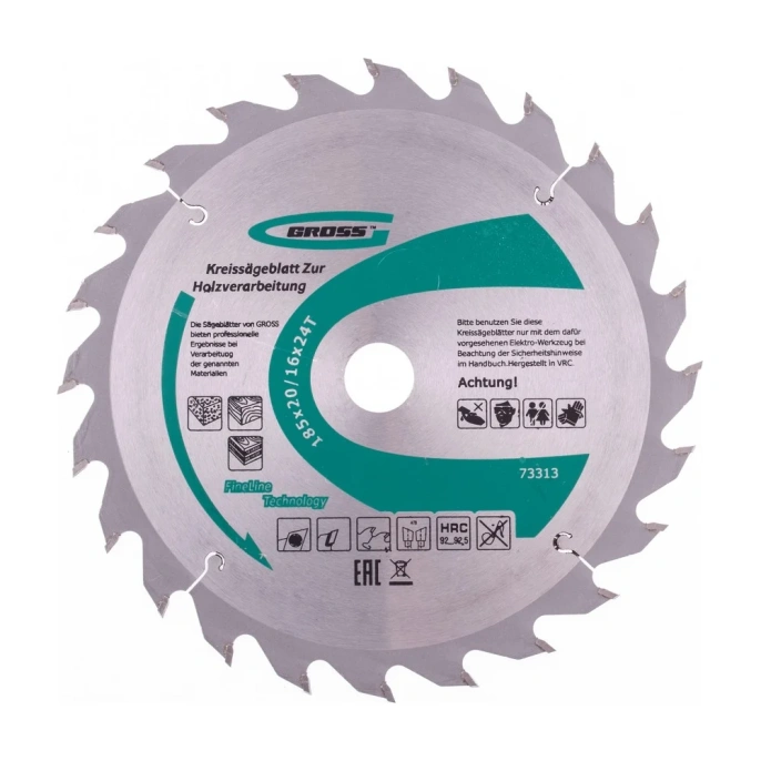 Пильный диск по дереву 185x20/16 мм, 24Т GROSS 73313