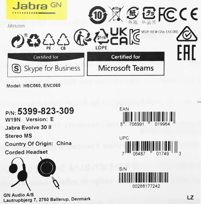 Гарнитура Jabra Evolve 30 II MS, для контактных центров, накладные, проводные, черный [5399-823-309]