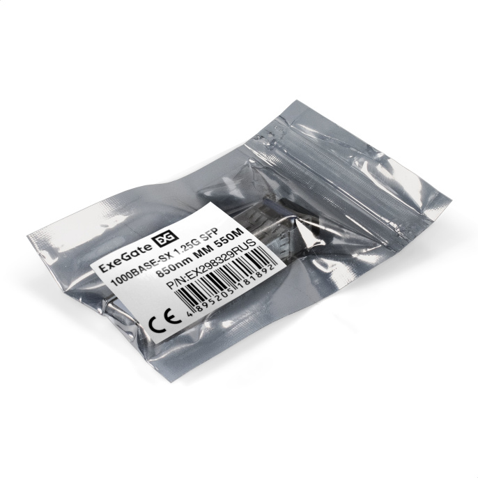 Exegate EX298329RUS Трансивер SFP EXT-1G-MM850-LC2-550M 1000Base-SX для многомодового оптического кабеля, 1,25 Гбит/с, Tx:850/Rx:850 нм, до 550 м, разъем Duplex LC