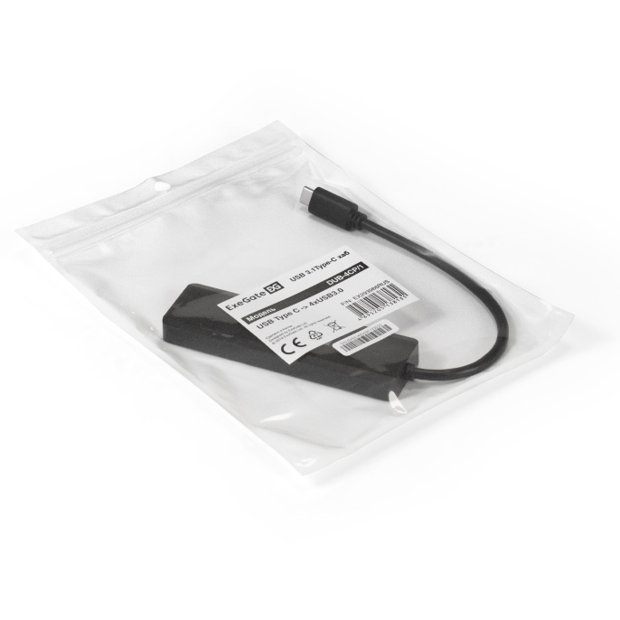 USB-Хаб (концентратор) 4-в-1 ExeGate DUB-4CP/1 (кабель-адаптер USB Type C --> 4xUSB3.0, доп. разъем USB Type-C для подключения источника питания, Plug&Play, черный) EX293986RUS