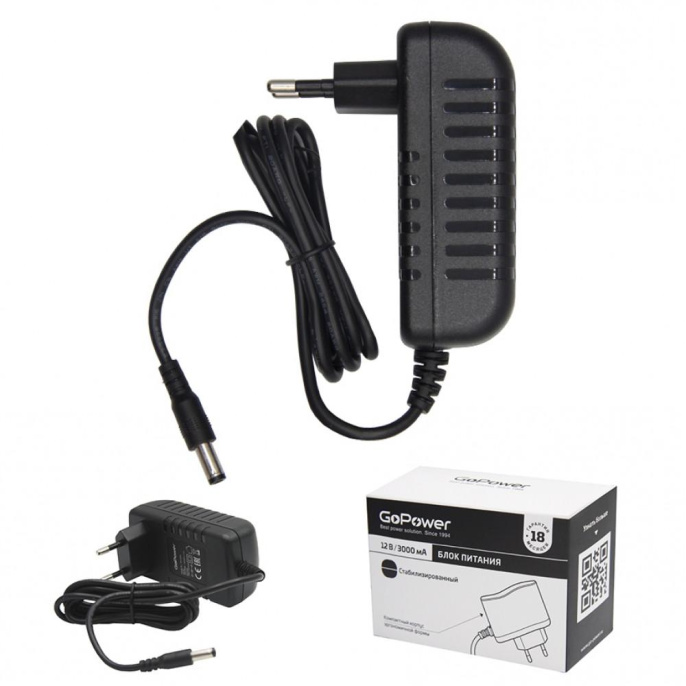 Блок питания GoPower 3.0A 12V 5,5x2,5/12мм импульсный 1/90 (00-00018646)
