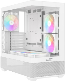 Корпус SAMA V40 White (V40-WHADA6X1-GL) (материал: сталь SPCC, окно: закалённое стекло, 1xUSB-C, 2xUSB3.0, Audio, без БП, 3x3.5” и 3x2.5”/3.5″, 7 слотов расширения, ATX, длина видеокарты: 410 мм, высота кулера: 181 мм, воздушное охлаждение: сверху 3х120мм