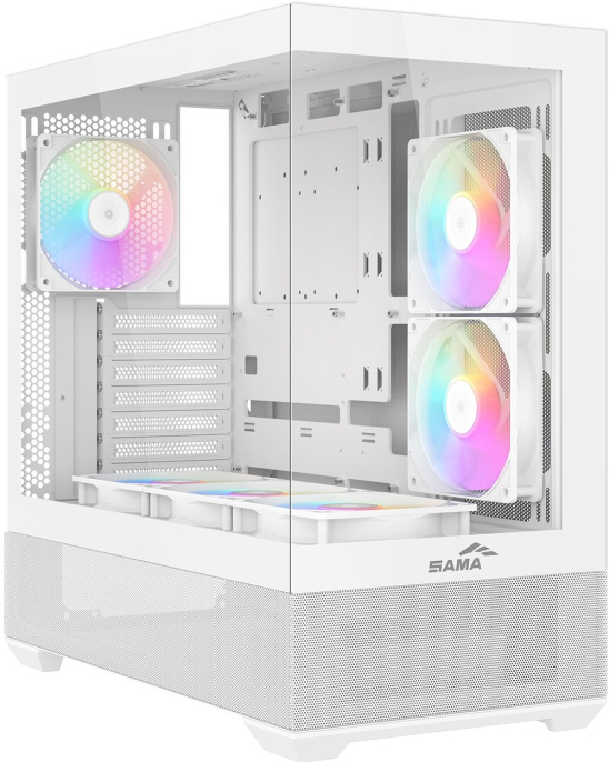 Корпус SAMA V40 White (V40-WHADA6X1-GL) (материал: сталь SPCC, окно: закалённое стекло, 1xUSB-C, 2xUSB3.0, Audio, без БП, 3x3.5” и 3x2.5”/3.5″, 7 слотов расширения, ATX, длина видеокарты: 410 мм, высота кулера: 181 мм, воздушное охлаждение: сверху 3х120мм