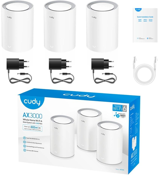 Бесшовный Mesh роутер Cudy M3000 M3000 3-PACK WHITE AX3000 100/1000/2500BASE-T белый упак.:3шт (M3000(3-PACK) WHITE)