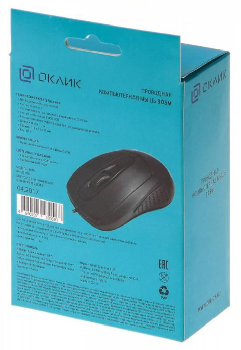 Мышь проводная Oklick 305M, оптическая, USB, 1000dpi, черный [412850]