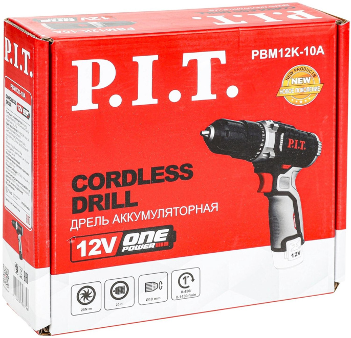 Дрель-шуруповёрт P.I.T. PBM12K-10A аккумуляторная, 12 В, 22 Нм, 10 мм, 2 ск, 0-350/1350 об/мин, коробка