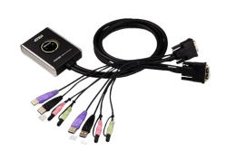2-портовый KVM-переключатель ATEN со встроенными KVM кабелями 2х 1,2м , 1 user DVI-D Female + 2хUSB Тип А Female +2хАудио Female - 2 cpu DVI-D Male +2хUSB Тип А Male +2хАудио Male , настольный, некаскад., не требуется внешнее питание