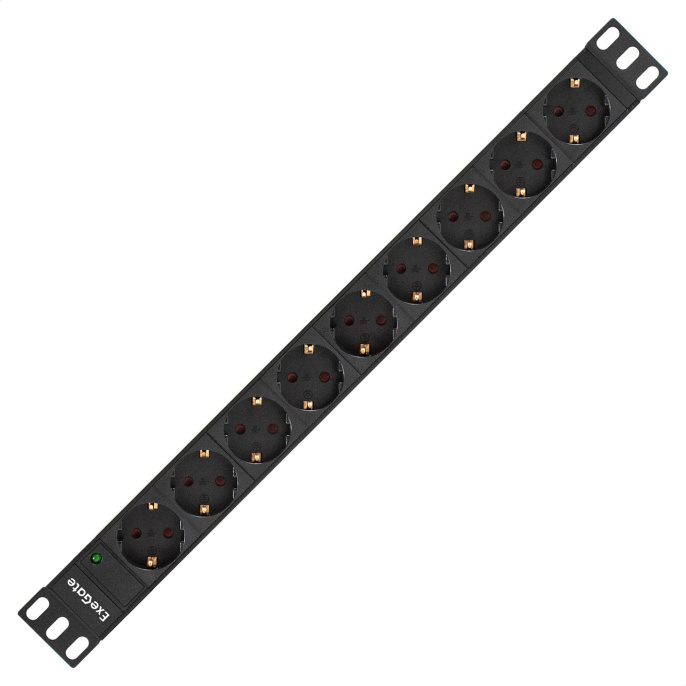 Блок розеток с разъемом подключения C20 ExeGate ServerPro PDU-19H907 Al-9S-C20 (19", 1U, Алюминий, 9*EU/Тип F(Schuko), IEC 320 C20, индикатор питания, черный, RTL) EX280853RUS