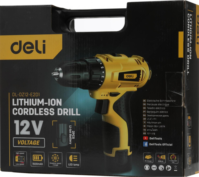Дрель-шуруповерт Deli DL-DZ12-E2D1, 1.5Ач,  с двумя аккумуляторами