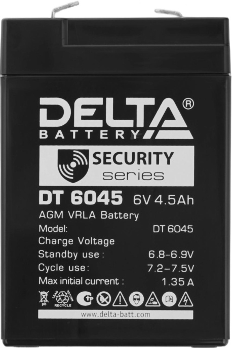 Аккумуляторная батарея 6V/4.5Ah Delta DT 6045 70/47/100(104), 0.75кг, 5лет, F1  