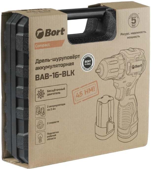 Дрель-шуруповерт Bort BAB-16-BLK, 2Ач,  с двумя аккумуляторами [93414868]