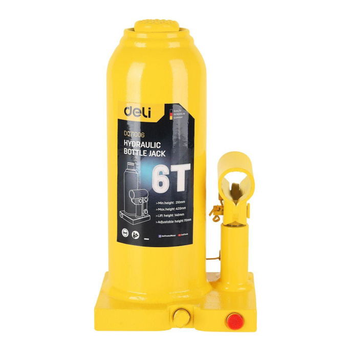 Домкрат бутылочный гидравлический Deli DQ71006 макс.грузоподъемность 6 т, высота подхвата 210мм, высота подъема 420мм, рабочий ход 140мм, ход выдвижного винта 70мм