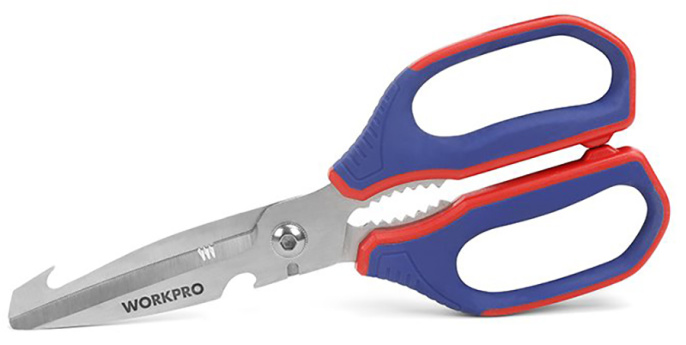 Ножницы кухонные WorkPro WP214006 250мм (многофункциональные, устойчивая к коррозии сверхпрочная нержавеющая сталь, эргономичная нескользящая рукоятка из двух материалов, острые лезвия и защищенная от скольжения микрозубчатая кромка, подходит для нарезки 