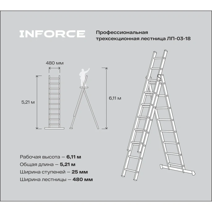 Профессиональная трехсекционная лестница Inforce 3x8, ширина 480мм ЛП-03-18