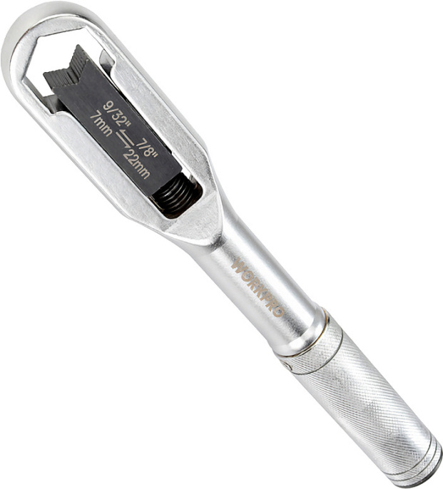 Ключ разводной WorkPro WP272015 (корпус из кованой стали, универсальный регулируемый, для гаек метрических и дюймовых размеров (7 -22мм , 9/32"- 7/8") и других профилей крепежа, размер зева: 7-22 мм (9/32"-7/8"), стальной блок CR-V, поворачивайте для регу