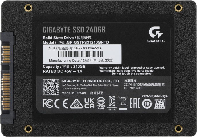Твердотельный накопитель SSD Gigabyte GP-GSTFS31240GNTD 240GB 2.5" Client SATA 6Gb/s, 560/540, IOPS 50/75K, MTBF 2M, 100TBW RTL {40} 803711