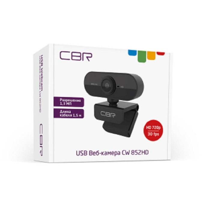 CBR CW 852HD Black, Веб-камера с матрицей 1,3 МП, разрешение видео 1280х720, USB 2.0, встроенный микрофон с шумоподавлением, фикс.фокус, крепление на мониторе, длина кабеля 1,5 м, цвет чёрный