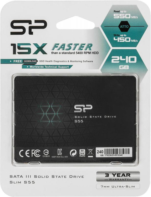 SSD накопитель Silicon Power Slim S55 SP240GBSS3S55S25 240ГБ, 2.5", SATA III, SATA