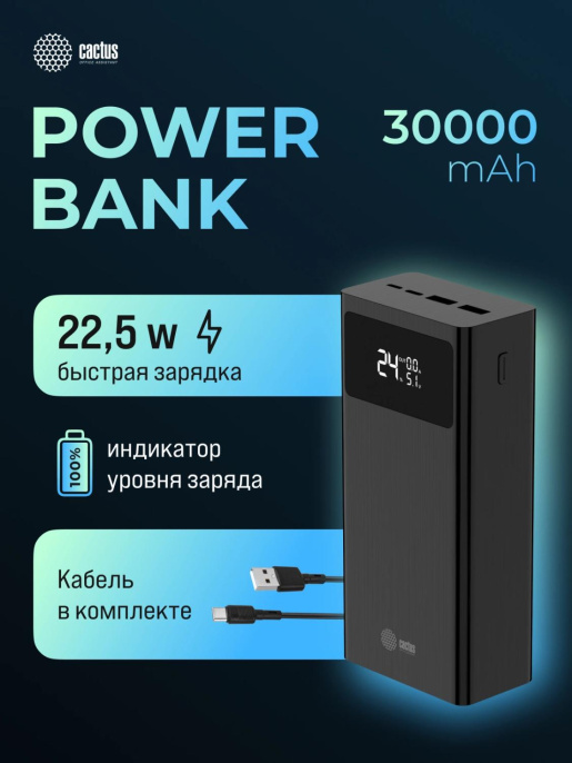 Внешний аккумулятор (Power Bank) Cactus CS-PBFSKA-30000,  30000мAч,  черный