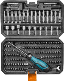 Набор инструментов Bort BTK-138 139 предметов 93418552 отвертка с битами, материал: хромованадиевая сталь CR-V , хвостовик: шестигранный, присоединительный размер папа M : 1/4" Hex, рабочий размер: от 4 до 13 мм
