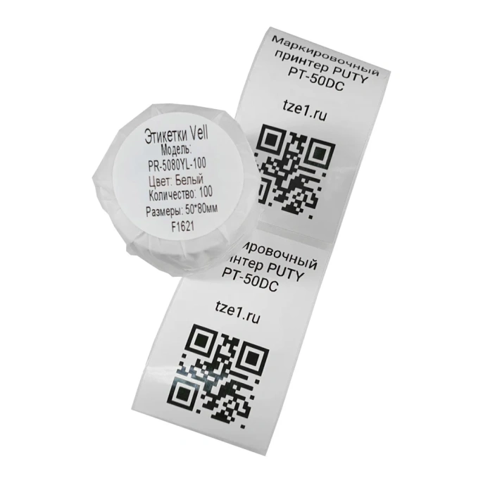 Этикетки для Puty PT-50DC/PT-82DC Vell 50 мм х 80 мм, белые, 100 шт 438507