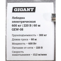 Электрическая лебедка Gigant 300/600 кг, 220 В, 60/30 м, Диаметр троса 6мм, GEW-08