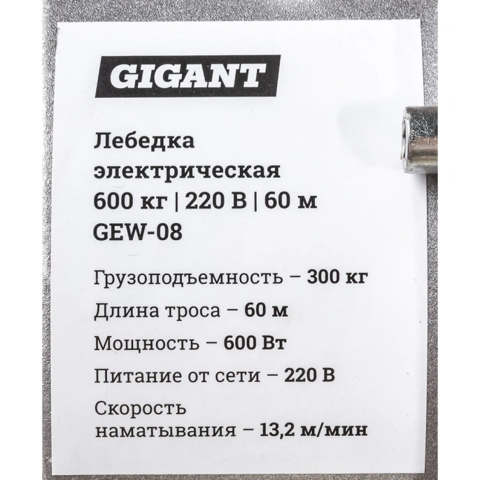 Электрическая лебедка Gigant 300/600 кг, 220 В, 60/30 м, Диаметр троса 6мм, GEW-08