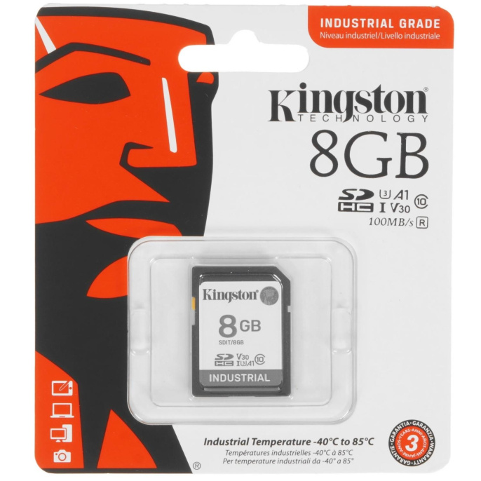 Карта памяти SDHC UHS-I U3 Kingston 8 ГБ, 100 МБ/с, Class 10, Industrial Temperature, 1 шт., без адаптера [sdit/8gb]