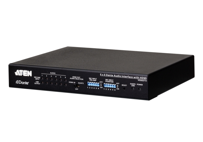 Звуковой интерфейс Aten Dante VE66DTH VE66DTH-AT-G 6 входов, 6 выходов, максимальное расстояние: 100 м, разрешение: 4096 x 2160, управление: Ethernet, звук: микрофон, сбалансированный звук, HDMI