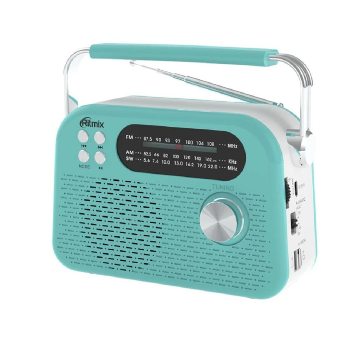 RITMIX RPR-045 AZURE {Радиоприёмник портатив. 3хдиапазонный FM/AM/SW, Bluetooth v.5.3, воспрс USB и с карт памяти micro SD до 32Gb }