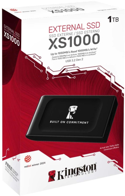Внешний накопитель SSD Kingston XS1000 1TB (SXS1000/1000GA) (1.8", интерфейс: USB 3.2 Gen 2 (10 Гбит/с), разъем подключения: USB 3.2 Gen2 Type-A (10 Гбит/с), USB 3.2 Gen2 Type-C (10 Гбит/с), скорость чтения/записи: 1050/1000 MБ/с, питание: USB, материал к