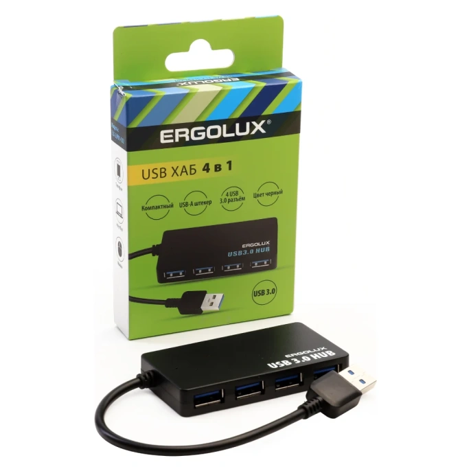 Разветвитель usb-4usb Ergolux Elx-slp01-c02 2а, черный, коробка 15109