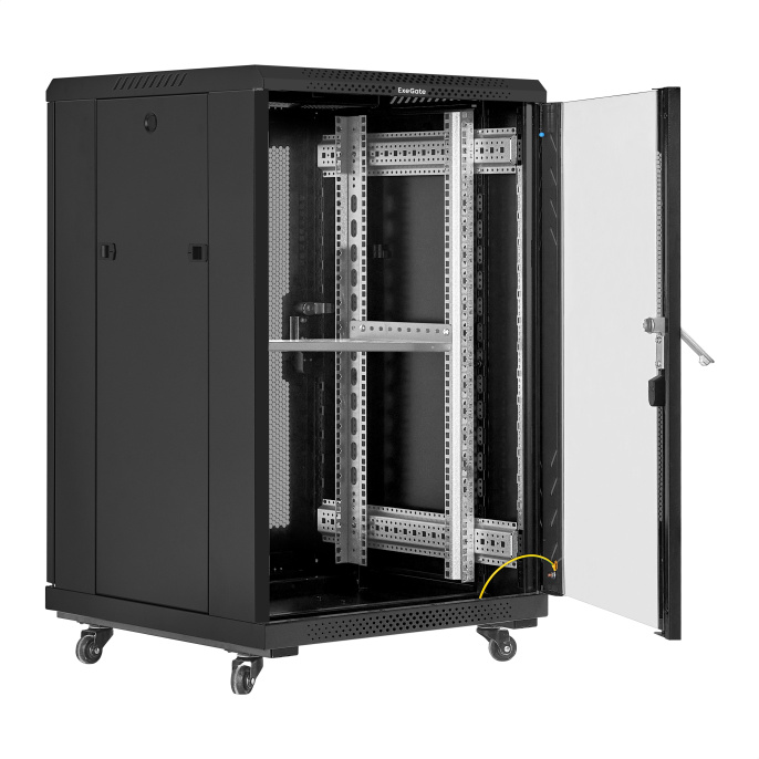 Шкаф телекоммуникационный 19" напольный 18U ExeGate EC-FS-18U.600.600.G.BLACK 19”, 18U, 600x600x987mm ШхГхВ , передняя дверь закаленное стекло, задняя перфорированная дверь, EX301398RUS