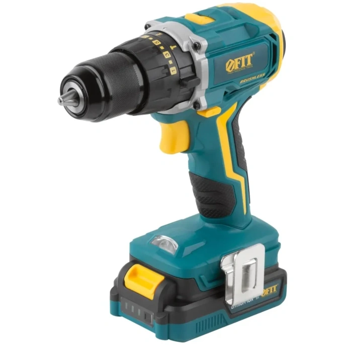 Аккумуляторная дрель-шуруповерт FIT 20,0 В, 0-400/1400 об/мин, 50,0 Нм, 2 Li-Ion 2,0 Ач, 1,5 ч, бесщеточный, резкий наклон, кейс 80130