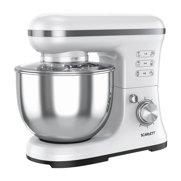 Миксер Scarlett SC-SM10S50 Белый (1400 Вт, количество режимов: 6, объем чаши: 5.2 л, защита от перегрева, материал корпуса: пластик, длина шнура: 1 м)