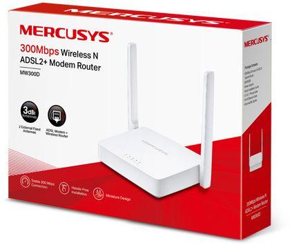 Wi-Fi роутер MERCUSYS MW300D, Wi-Fi 4, N300, 2.4ГГц, 3 LAN, ADSL2+ Annex A , белый