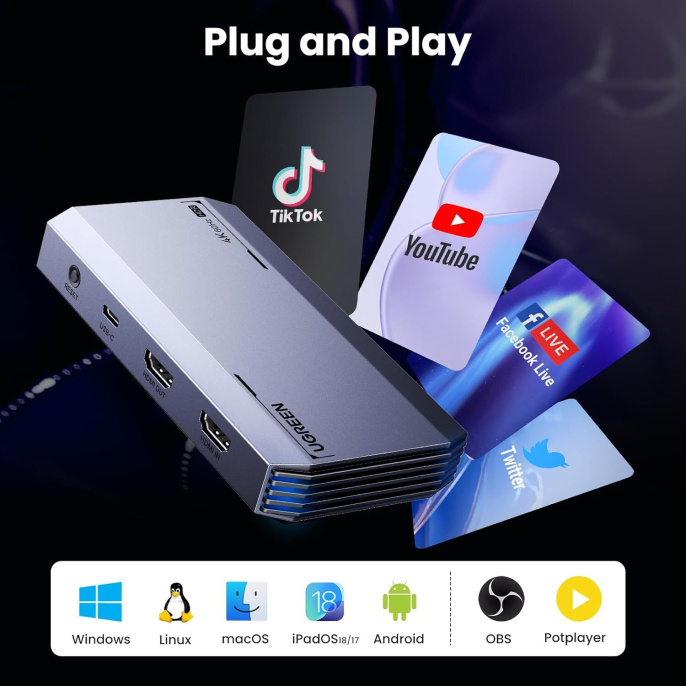 Карта видеозахвата UGREEN CM700 25173 HDMI 4Kx2K@60Hz Video Capture Card, серый