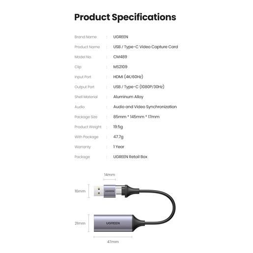Внешняя карта видеозахвата UGREEN CM489 40189 USB 1080P Video Capture Device. Цвет: серый