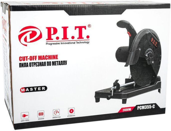 Пила отрезная P.I.T. PCM355-C по металлу, монтажная, 2400 Вт, питание: сеть, диаметр диска: 355 мм, 3800 об/мин, быстрая замена щеток, регулировка угла пропила