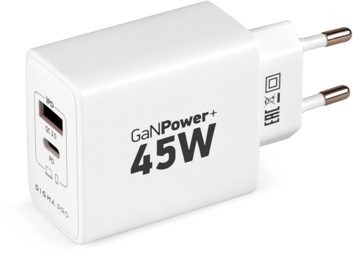 Сетевое зарядное устройство Digma DPW4A, USB-A, USB-C, 45Вт, 3A, белый [dpw4a5gx11wh]