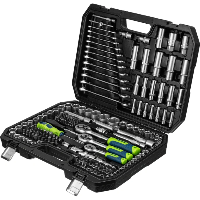 Набор инструментов СИБРТЕХ 1/2", 3/8", 1/4", пластиковый кейс 215 предм. 14170