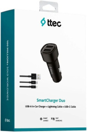 Автомобильное зарядное устройство TTEC 2CKS31DS USB-A c кабелями Lightning и USB-C. Цвет: черный