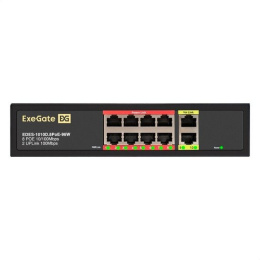 Коммутатор неуправляемый ExeGate EDES-1010D.8PoE-96W (10-портовый UTP 10/100 Base-Tx: 8 портов IEEE 802.3af/at (PoE+), мощность PoE: 25W, суммарно 96W, 2 порта RJ45 uplink, настенный/настольный, металлический корпус) EX299021RUS